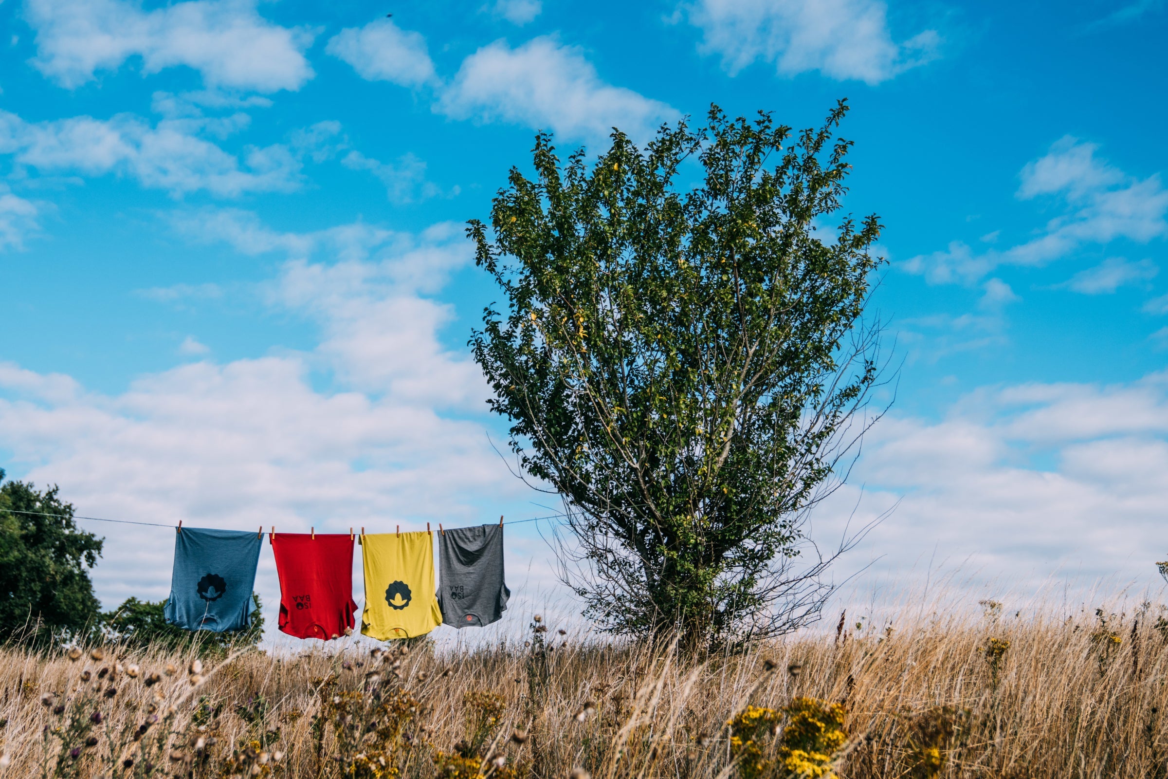 Isobaa merino tops drying on a washing line in a summer meadow