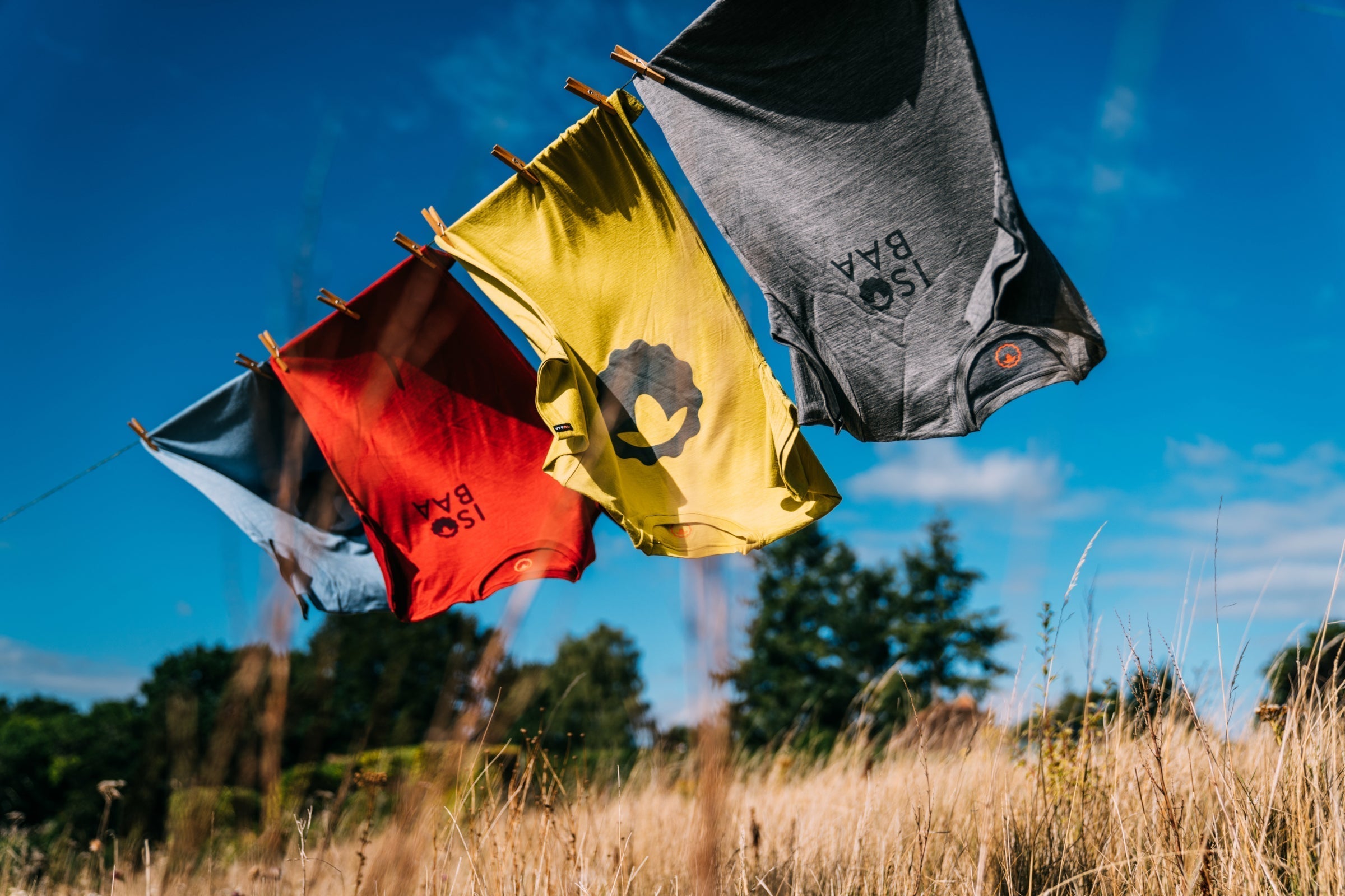 Colourful t-shirts hanging on a clothesline