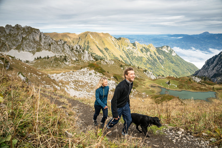 Two people hiking with a dog in the mountains