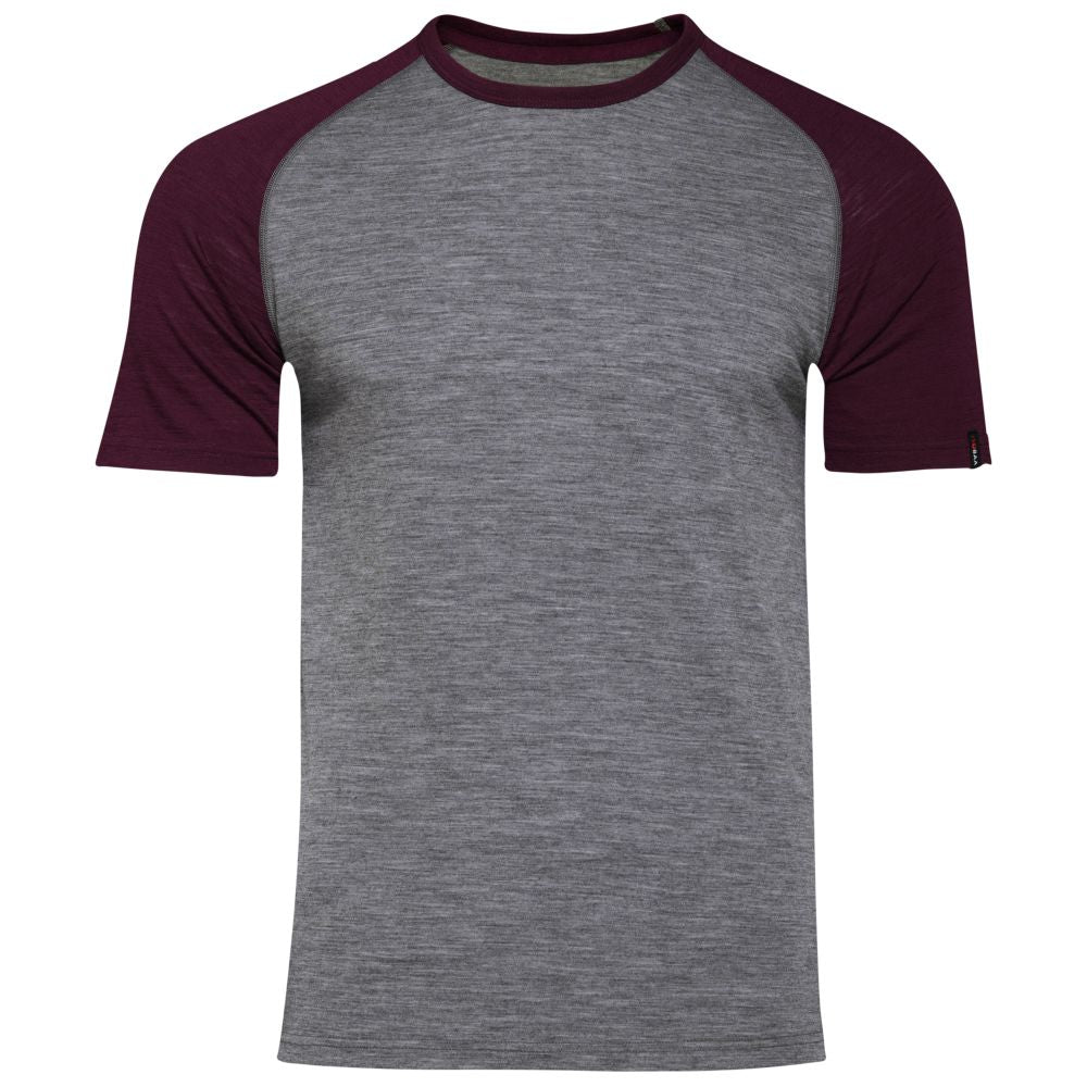 Isobaa | Mens Merino 150 Raglan Baseball Tee (Charcoal/Wine) | Layer for adventure with Isobaa's superfine Merino Tee.