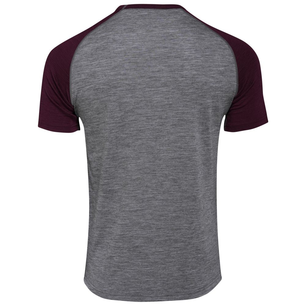 Isobaa | Mens Merino 150 Raglan Baseball Tee (Charcoal/Wine) | Layer for adventure with Isobaa's superfine Merino Tee.