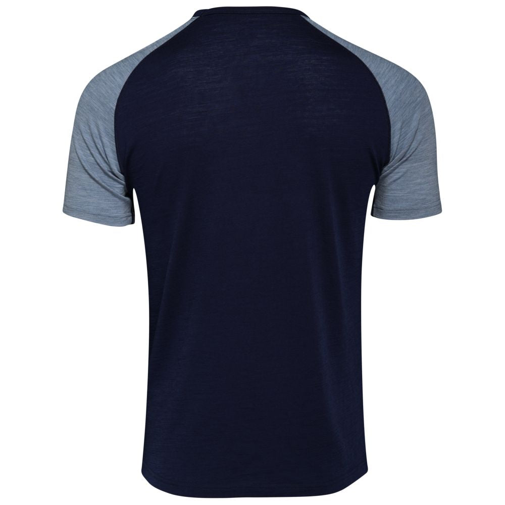 Isobaa | Mens Merino 150 Raglan Baseball Tee (Navy/Sky) | Layer for adventure with Isobaa's superfine Merino Tee.