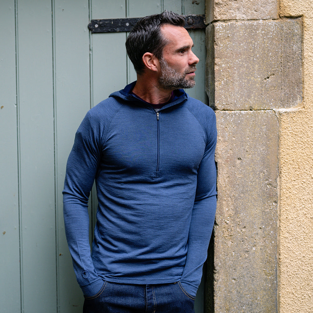 Isobaa | Mens Merino 200 Zip Neck Hoodie (Denim) | The ultimate 200gm Merino wool hoodie. | Model: Ben