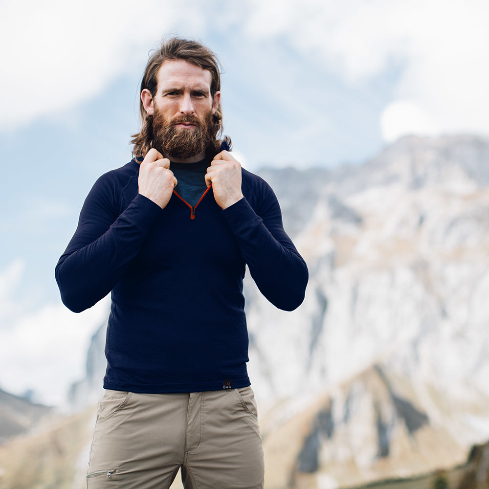 Isobaa | Mens Merino 200 Zip Neck Hoodie (Navy) | The ultimate 200gm Merino wool hoodie. | Model: Craig