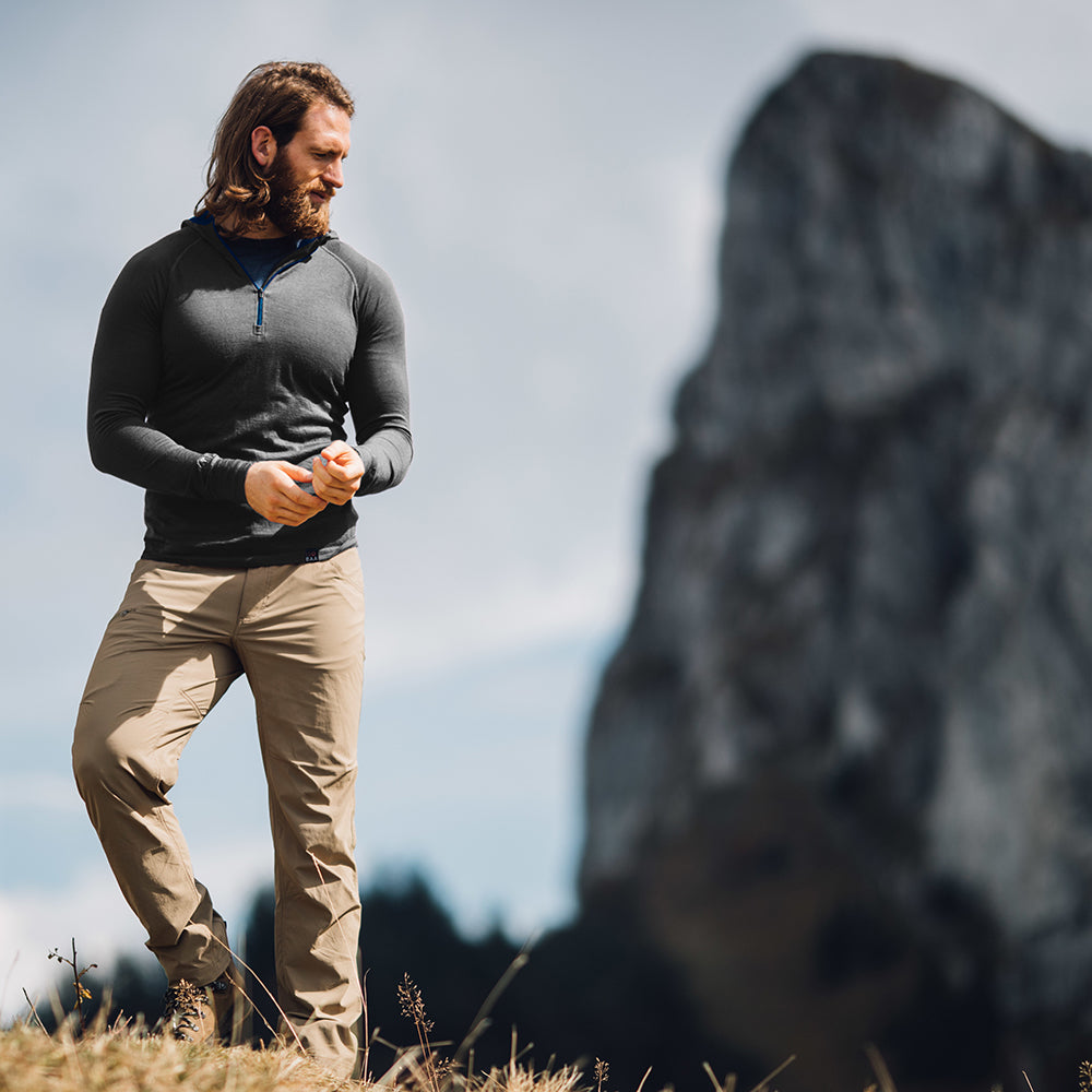 Isobaa | Mens Merino 200 Zip Neck Hoodie (Smoke) | The ultimate 200gm Merino wool hoodie. | Model: Craig
