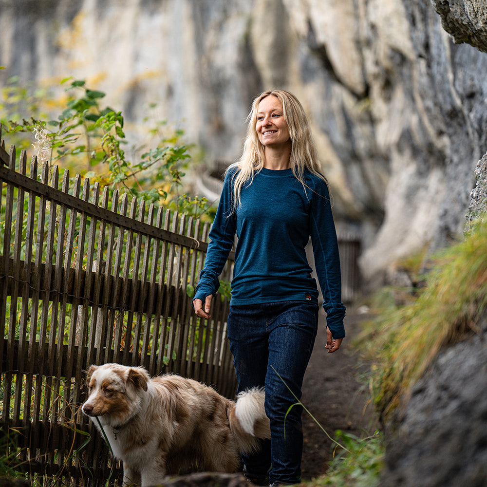 Isobaa | Womens 160 Merino Active Long Sleeve Crew (Petrol) | Elevate your active wardrobe with our Women's 160 Merino Active Long Sleeve Crew, expertly crafted from 160g 18.5 micron superfine merino wool | Model: Estelle
