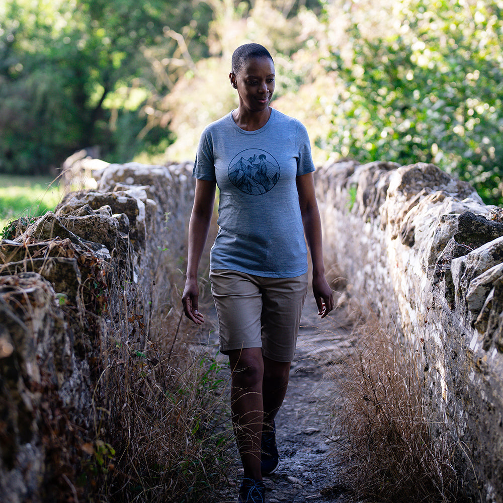 Isobaa | Womens Merino 150 Mountains Tee (Sky/Petrol) | Gear up for adventure with our superfine Merino Tee. | Model: Yolisa