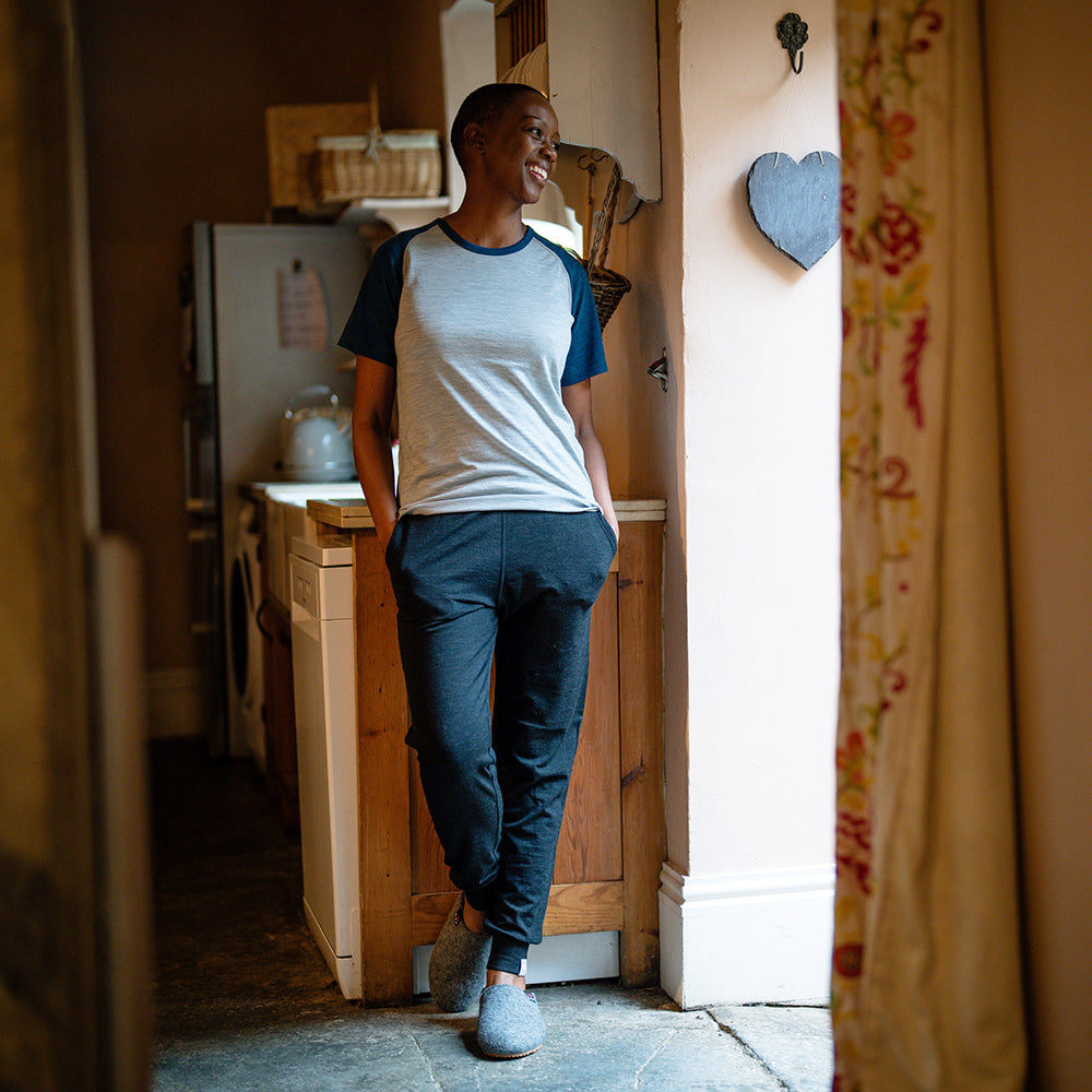 Isobaa | Womens Merino 150 Raglan Baseball Tee (Cloud/Petrol) | Layer for adventure with Isobaa's superfine Merino Tee. | Model: Yolisa