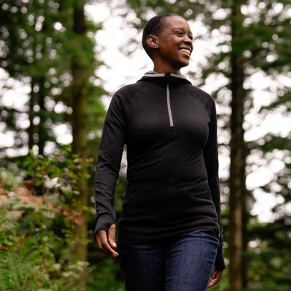 Isobaa | Womens Merino 200 Zip Neck Hoodie (Black) | The ultimate 200gm Merino wool hoodie. | Model: Yolisa