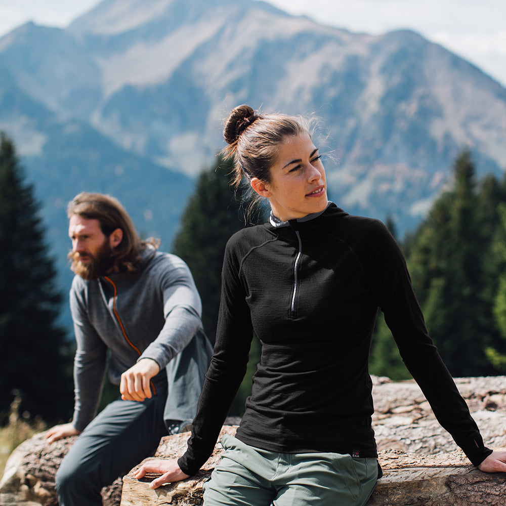 Isobaa | Womens Merino 200 Zip Neck Hoodie (Black) | The ultimate 200gm Merino wool hoodie. | Model: Jess