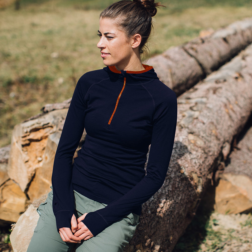 Isobaa | Womens Merino 200 Zip Neck Hoodie (Navy) | The ultimate 200gm Merino wool hoodie. | Model: Jess