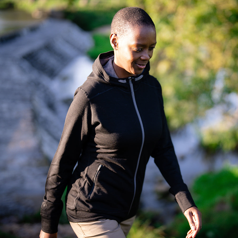 Isobaa | Womens Merino 260 Casual Hoodie (Black) | The best in warmth and versatility: Isobaa 260gm midweight Merino wool hoodie. | Model: Yolisa