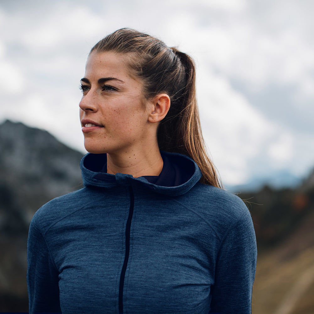 Isobaa | Womens Merino 260 Casual Hoodie (Denim) | The best in warmth and versatility: Isobaa 260gm midweight Merino wool hoodie. | Model: Jess