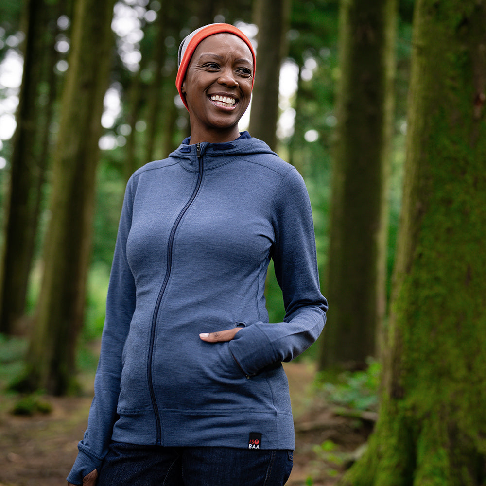 Isobaa | Womens Merino 260 Casual Hoodie (Denim) | The best in warmth and versatility: Isobaa 260gm midweight Merino wool hoodie. | Model: Yolisa