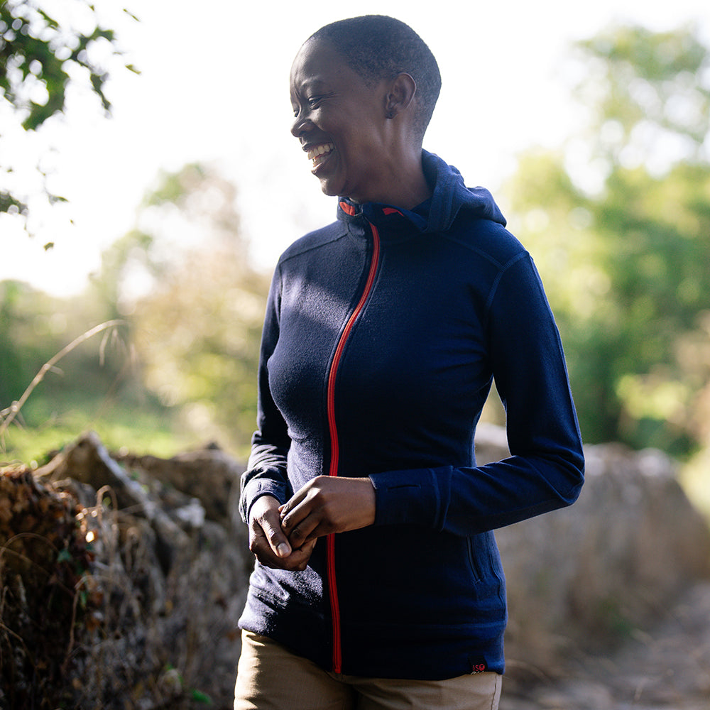 Isobaa | Womens Merino 260 Casual Hoodie (Navy) | The best in warmth and versatility: Isobaa 260gm midweight Merino wool hoodie. | Model: Yolisa