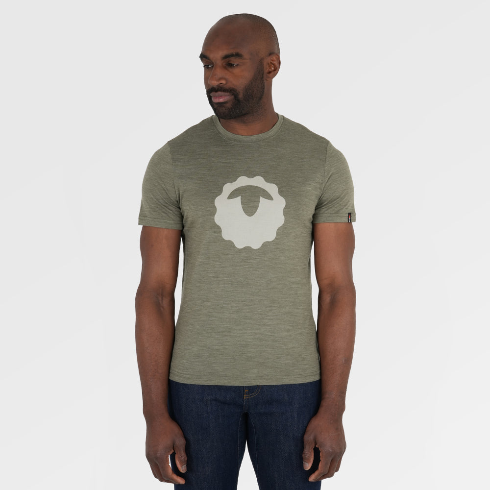 Mens Merino 150 Emblem Tee (Olive/Jute) | Model: Michael