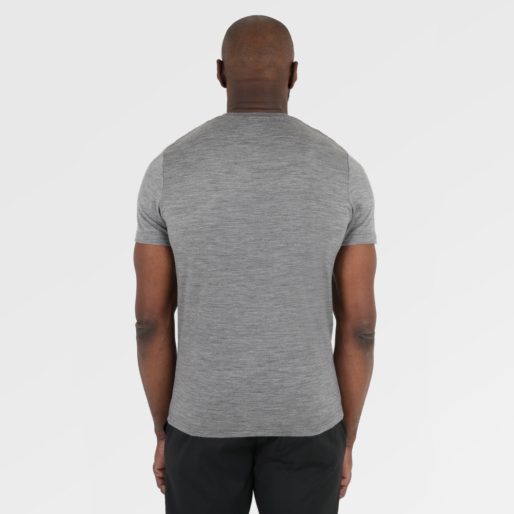 Mens Merino 150 Sketched Sunset Tee (Charcoal/Navy) | Model: Michael