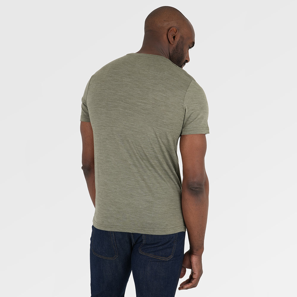 Mens Merino 150 Sketched Sunset Tee (Olive/Dull Gold) | Model: Michael