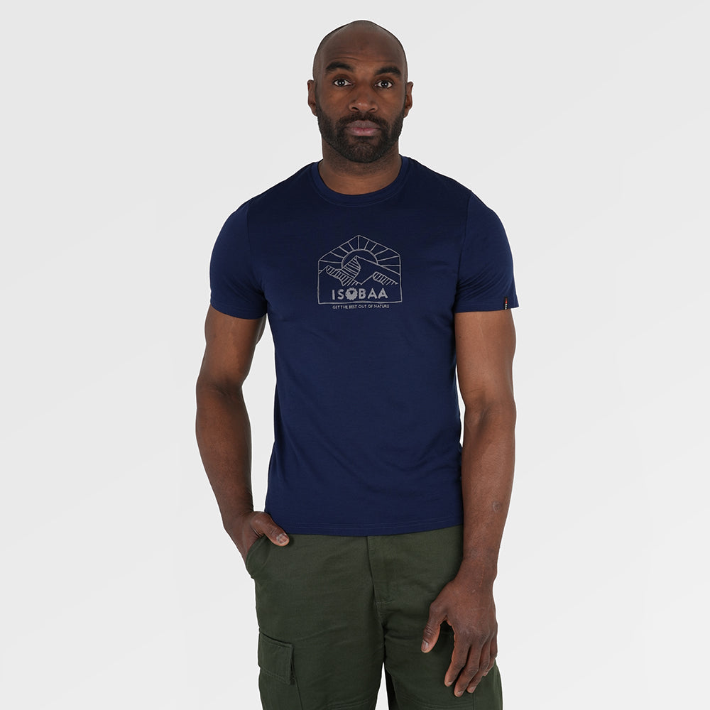 Mens Merino 150 Sketched Sunset Tee (Navy/Charcoal) | Model: Michael