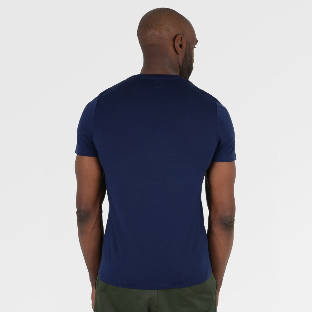 Mens Merino 150 Sketched Sunset Tee (Navy/Charcoal) | Model: Michael