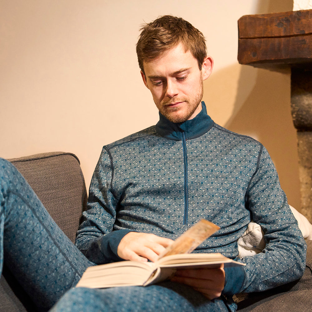 Mens Merino Blend 250 Geometric Jacquard Long Sleeve Zip Neck (Petrol/Ocean) | Model: Joss