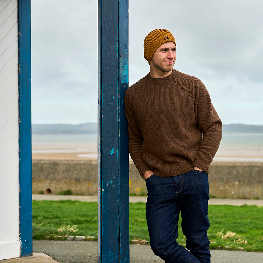 Mens Herdwick Merino Crew Sweater (Brown) | Model: James
