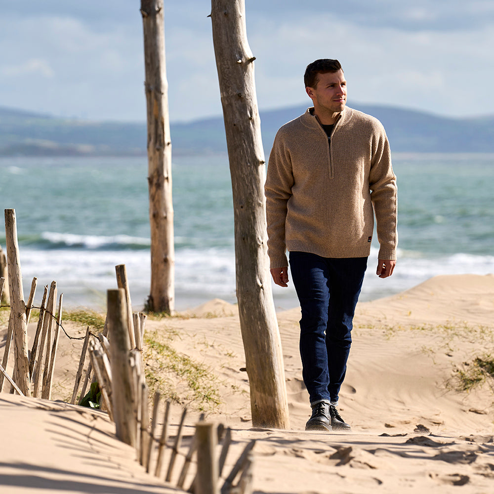 Mens Herdwick Merino Half Zip Sweater (Natural) | Model: James
