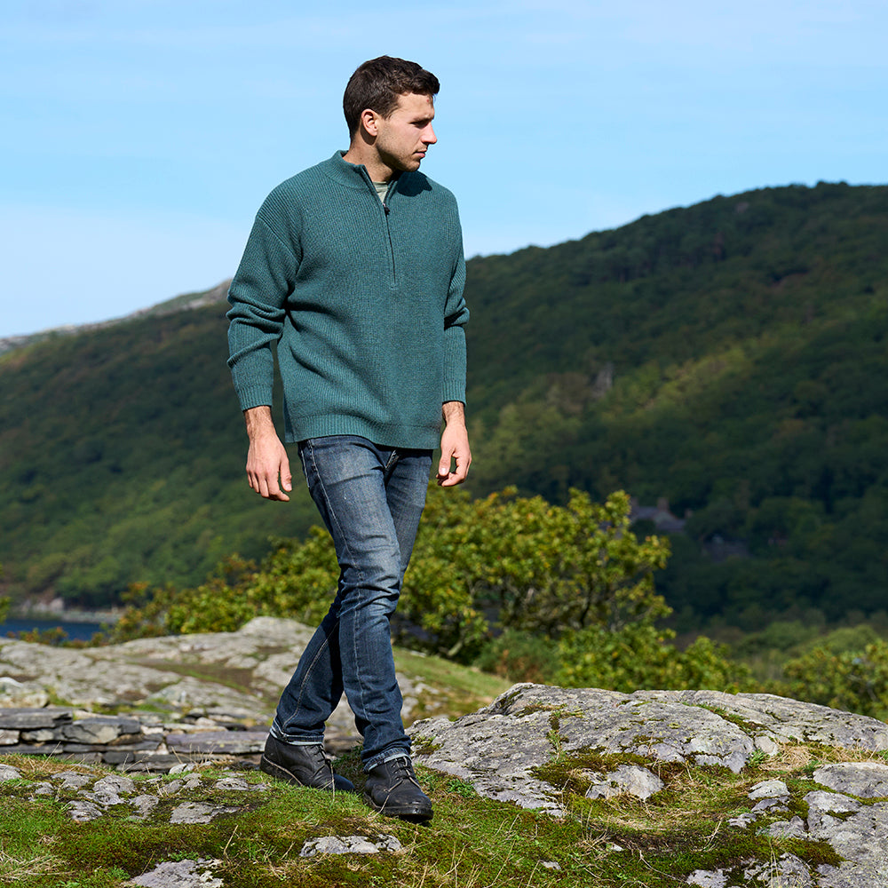 Mens Herdwick Merino Half Zip Sweater (Sea Green) | Model: James