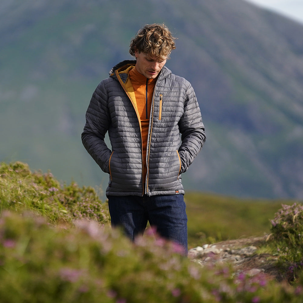 Isobaa Mens Merino Wool Insulated Jacket (Smoke/Mustard) | Model: Inigo
