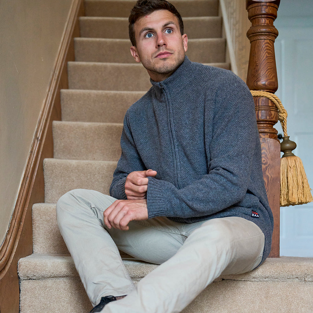 Mens Oaken Merino Full Zip Sweater (Grey) | Model: James