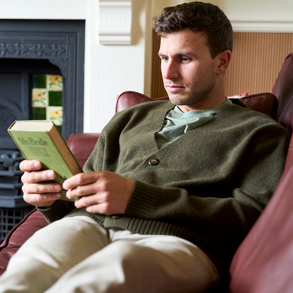 Mens Rove Merino Cardigan (Dark Olive) | Model: James