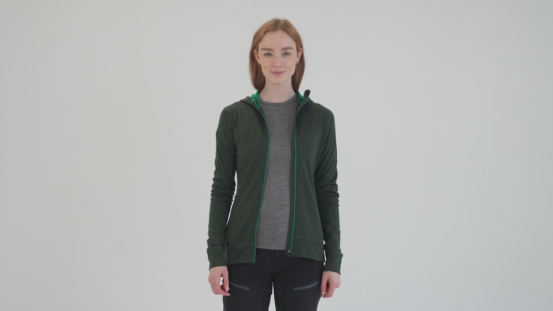 Womens Merino 260 Casual Hoodie (Forest) | Model: Sophie