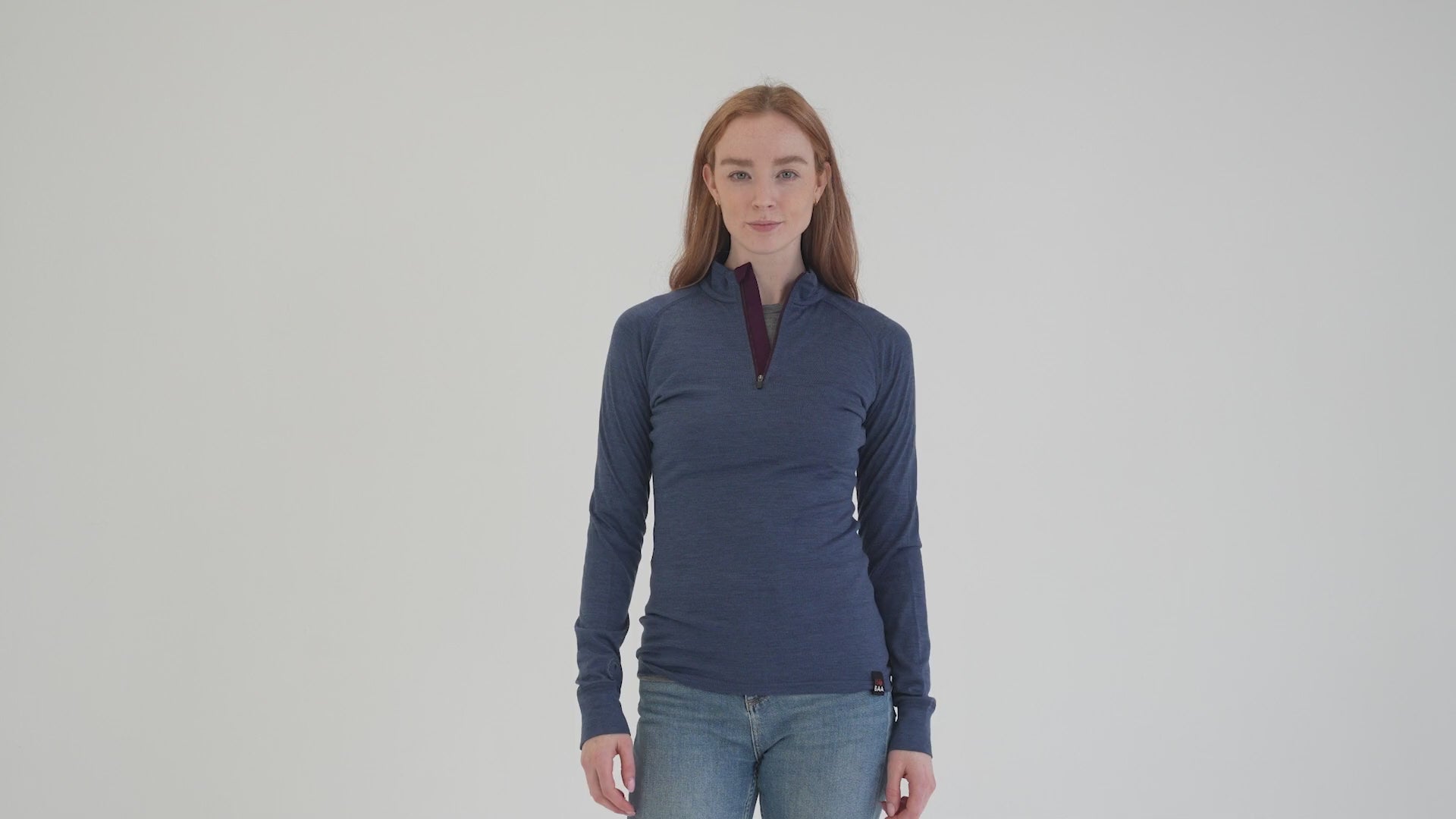 Womens Merino 200 Long Sleeve Zip Neck (Denim) | Model: Sophie