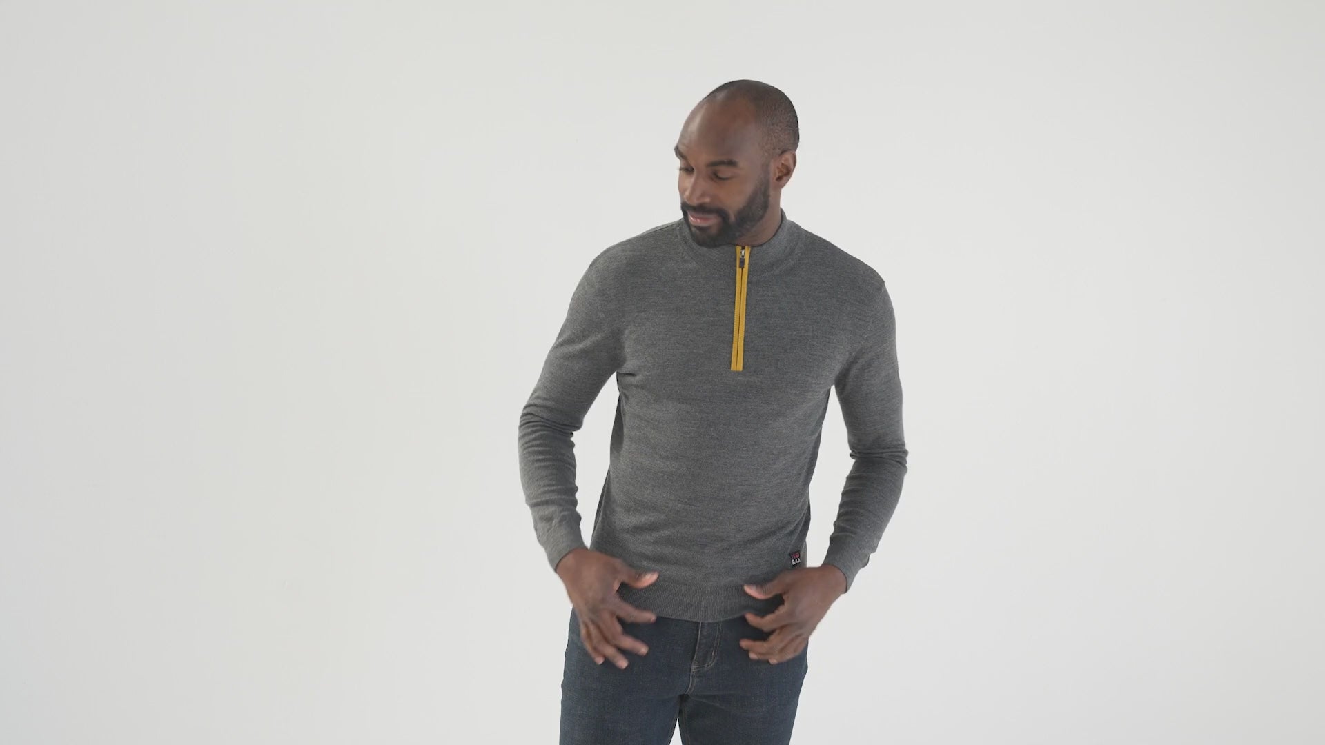 Mens Zip Neck Sweater (Smoke/Mustard) | Model: Michael