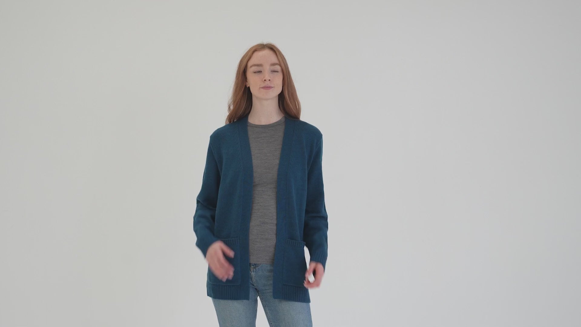 Womens Merino Open Cardigan (Petrol) | align: 40% 50% | Model: Sophie