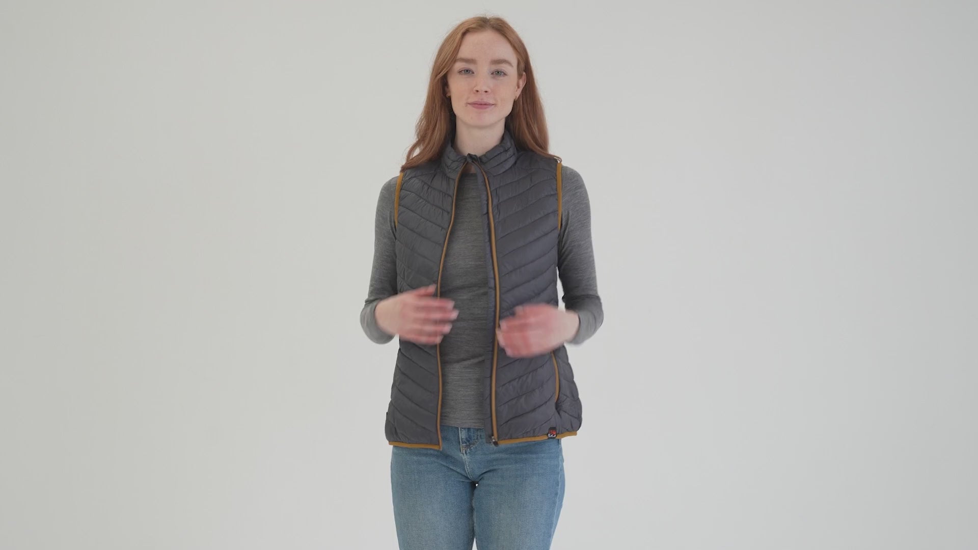 Womens Merino Wool Insulated Gilet (Smoke/Mustard) | Model: Sophie