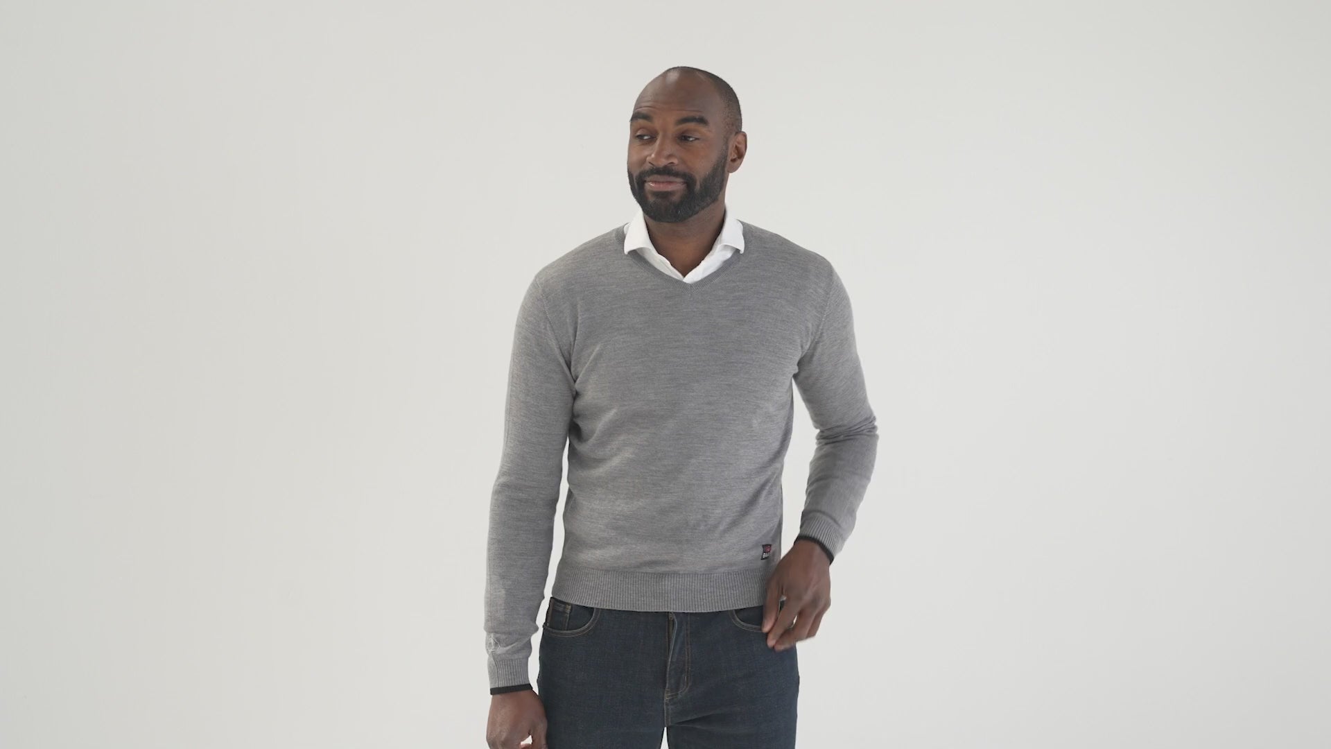 Mens Merino V-Neck Sweater (Charcoal) | Model: Michael