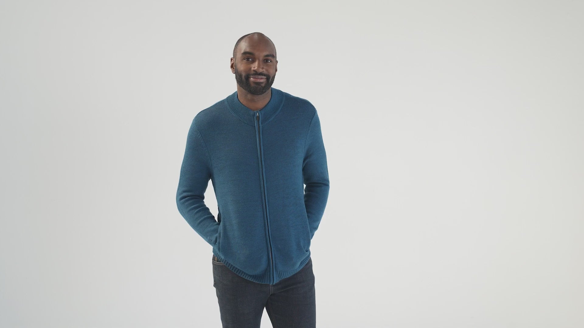 Mens Merino Zip Cardigan (Petrol) | align: 45% 50% | Model: Michael