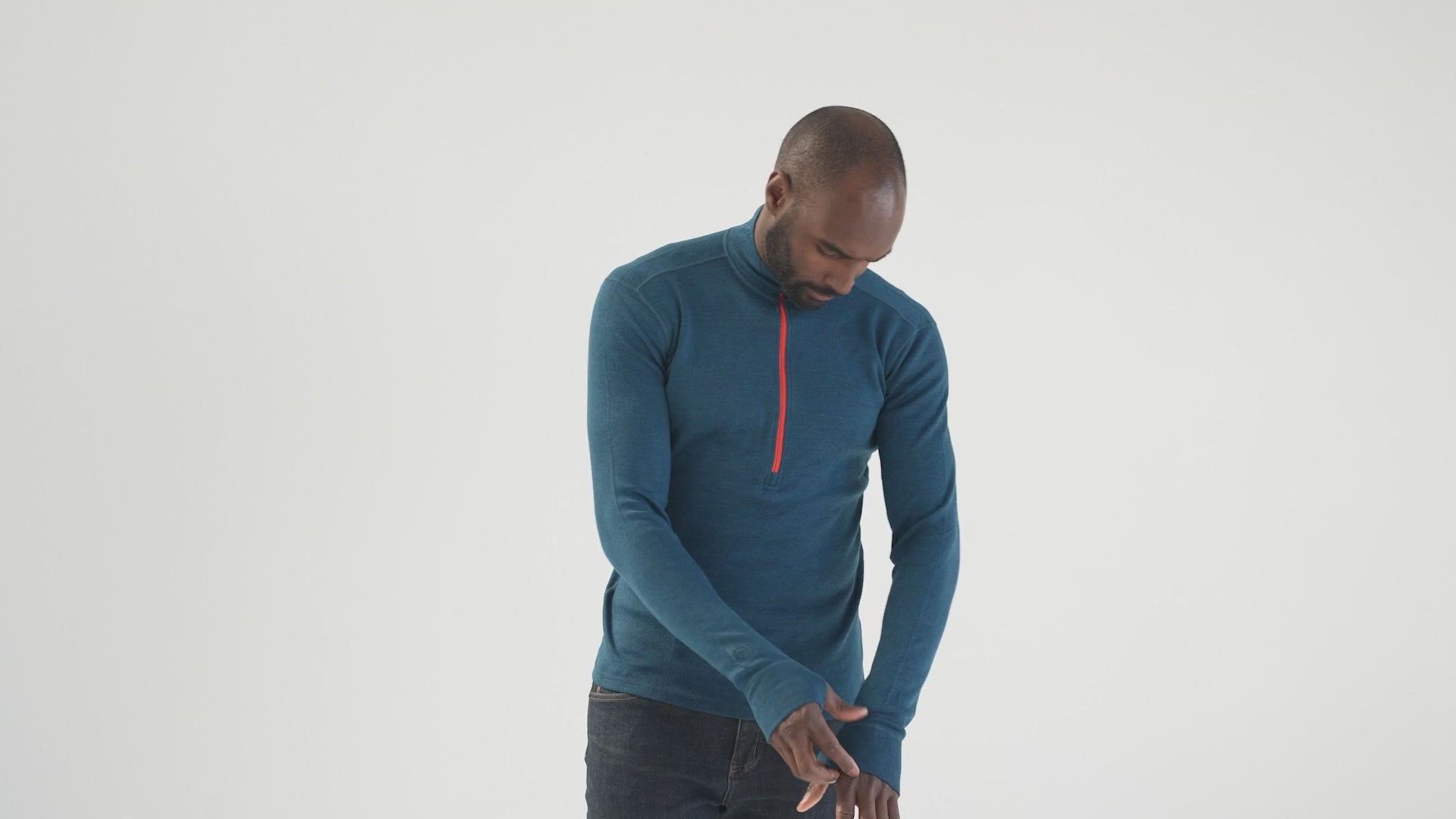 Mens Merino 320 Long Sleeve Half Zip (Petrol/Orange) | Model: Michael