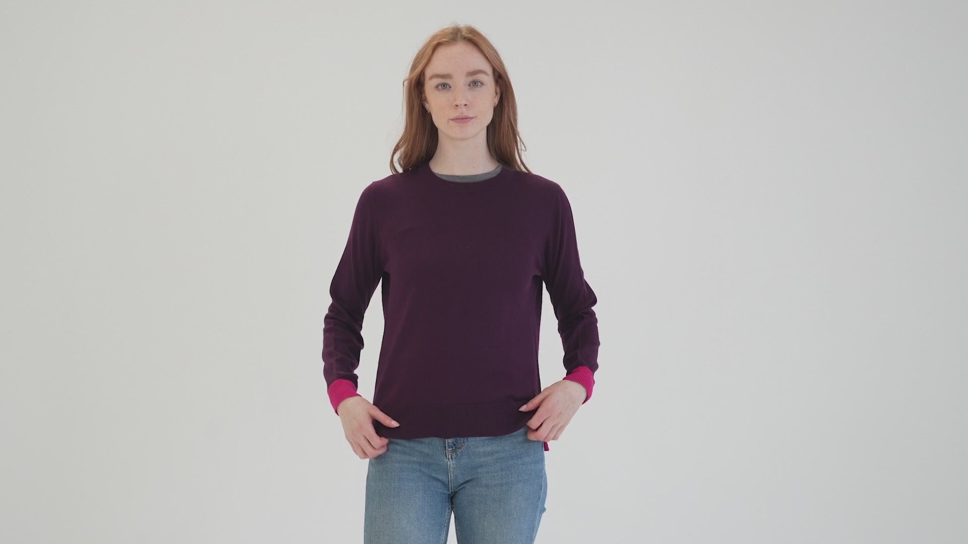 Womens Merino Crew Sweater (Wine/Fuchsia) | align: 40% 50% | Model: Sophie