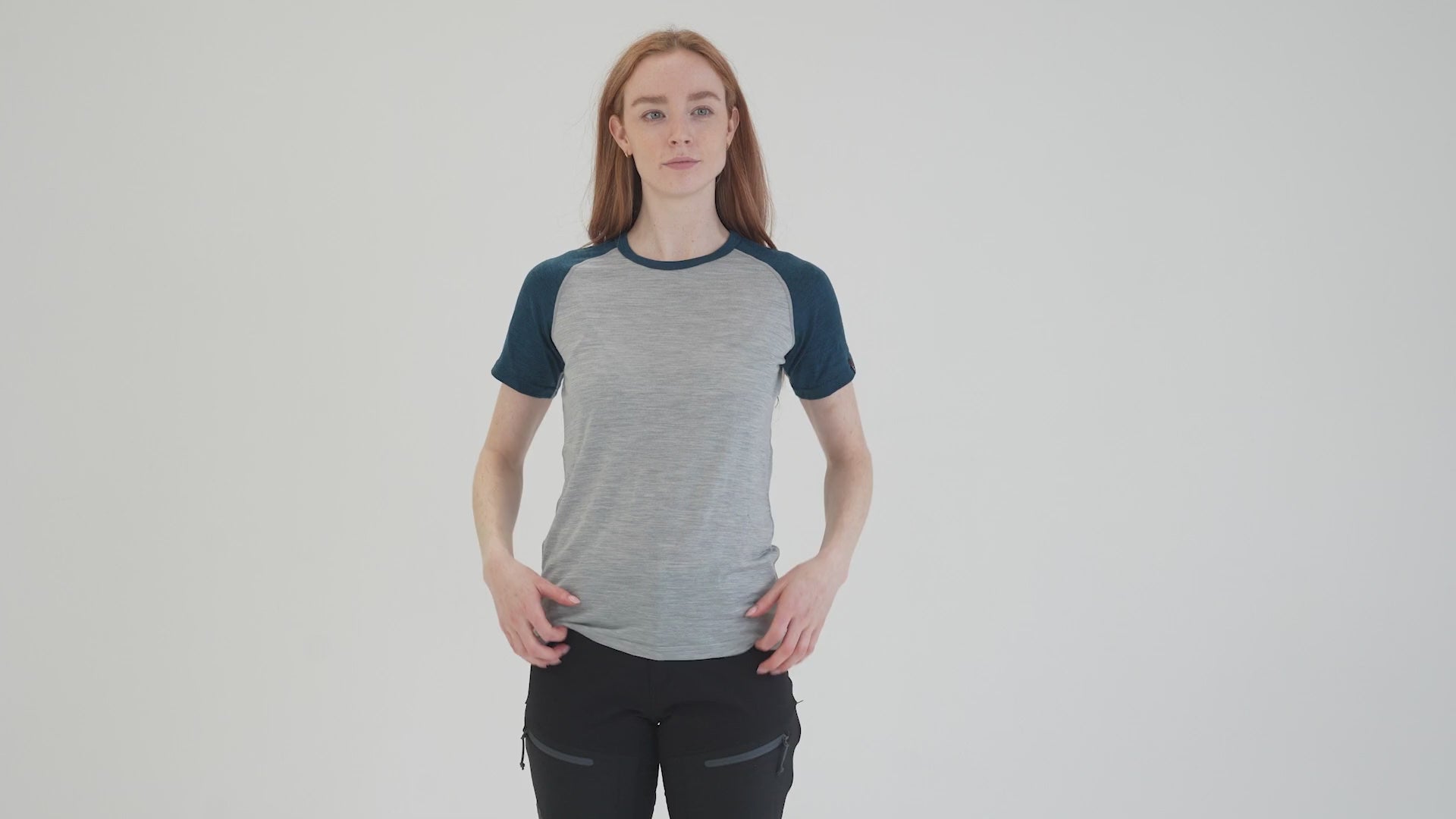 Womens Merino 150 Raglan Baseball Tee (Cloud/Petrol) | align: 45% 50% | Model: Sophie