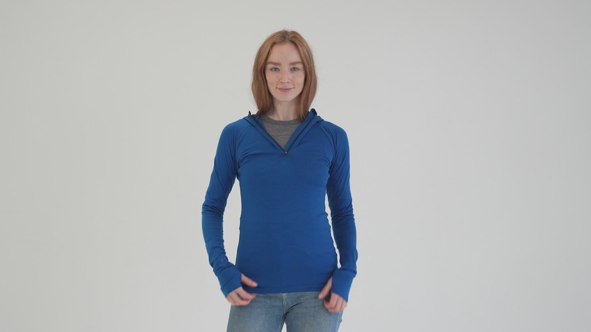 Womens Merino 200 Zip Neck Hoodie (Blue) | align: 45% 50% | Model: Sophie