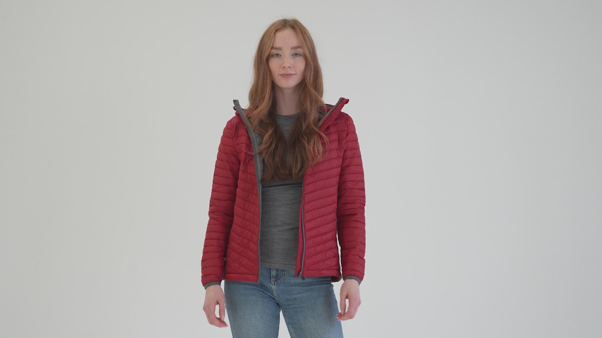 Womens Merino Wool Insulated Jacket (Red/Smoke) | Model: Sophie