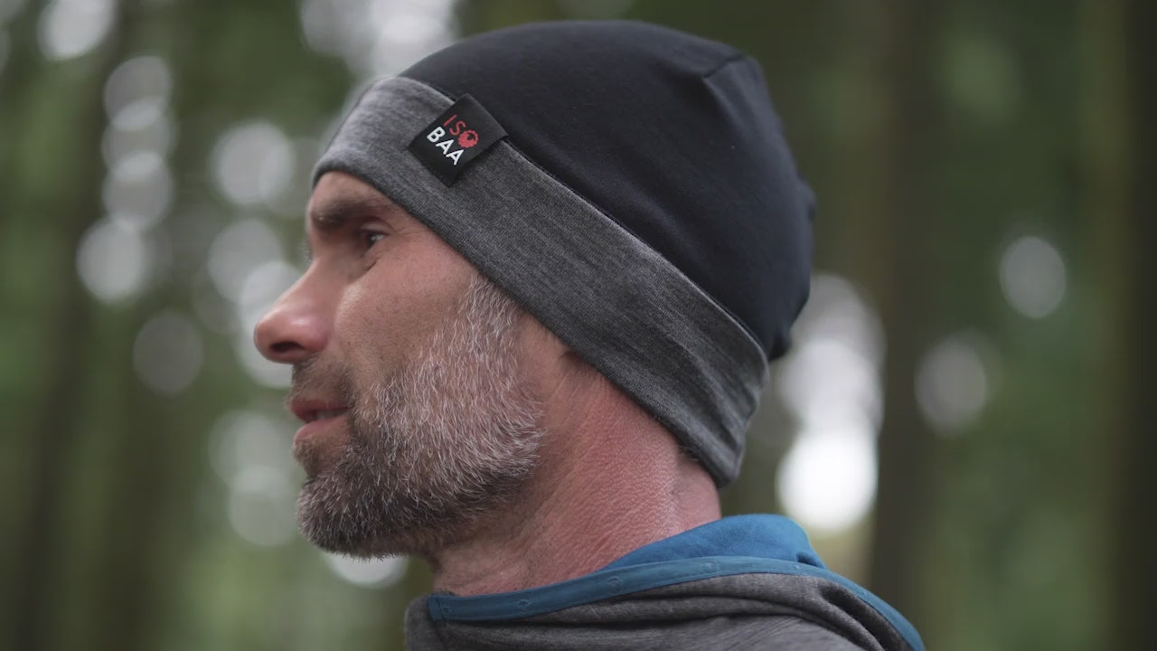 Isobaa | Merino 230 Beanie (Black/Smoke) | Isobaa's double-layered Merino beanie is your key to warmth & comfort in any season. | align: 25% 50%