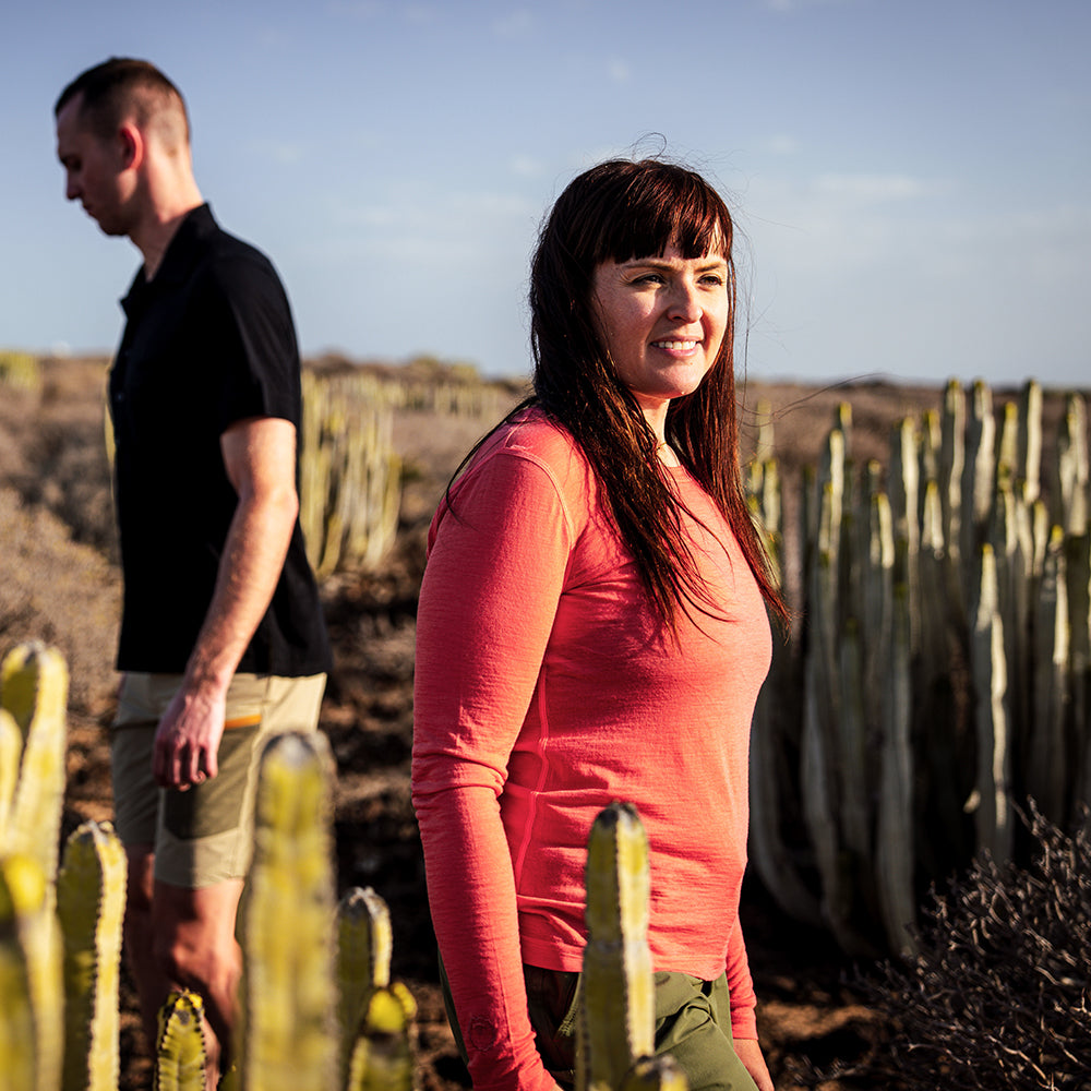 Womens 120 Ultrafine LS Crew (Coral) | Model: Isabel