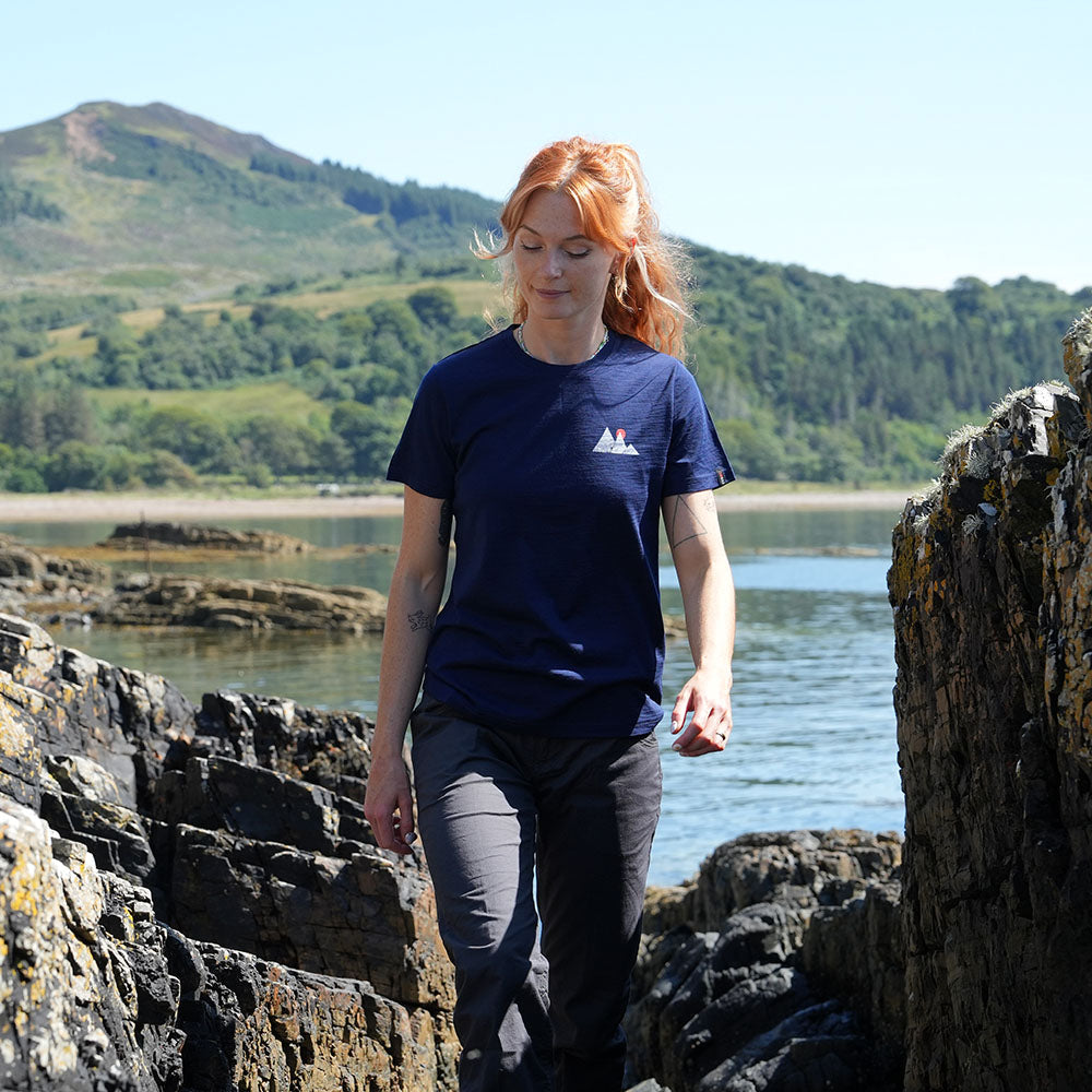 Isobaa Womens Merino 150 Sunset T-Shirt (Navy White/Orange) | Model: Emma