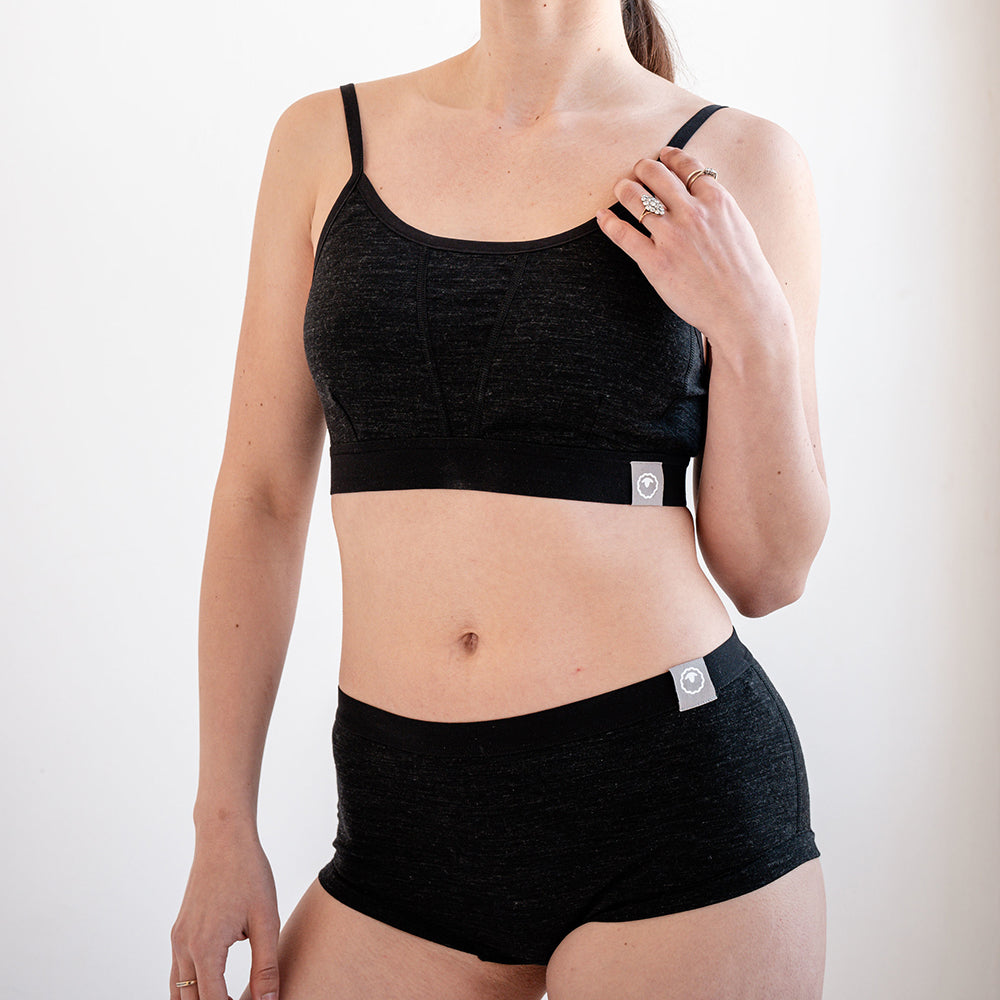 Womens Merino Blend 160 Hipster Knickers (Black Melange) | Model: SS25-1