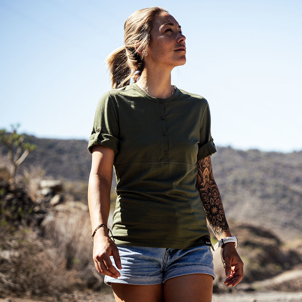 Womens 180 SS Hiking Top (Olive) | Model: IsabelC