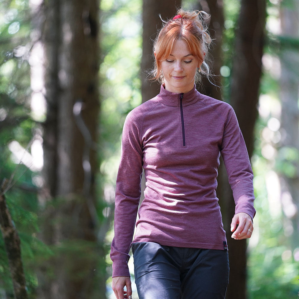 Isobaa Womens Merino 200 Long Sleeve Zip Neck (Mauve Melange/Wine) | Model: Emma