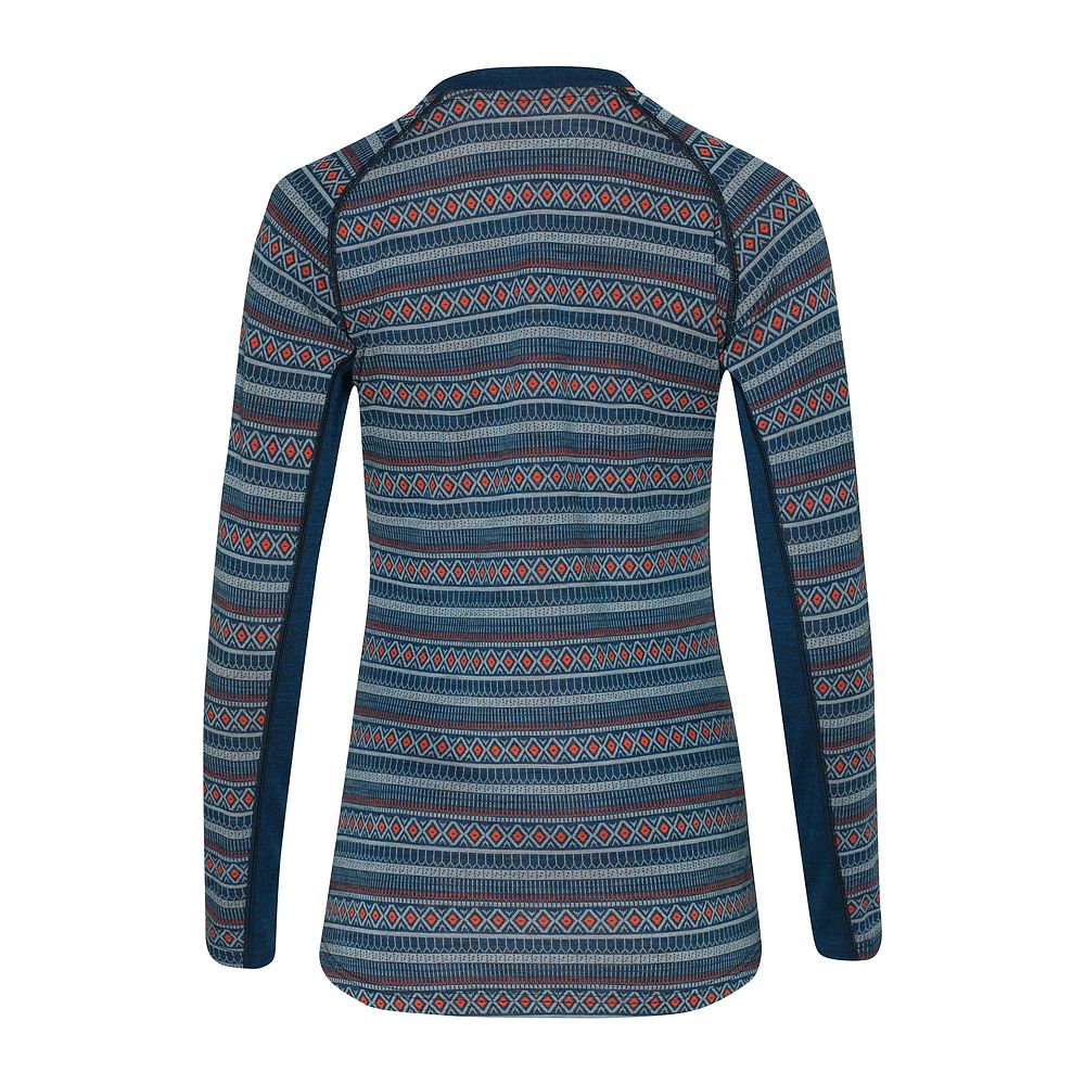 Womens Merino Blend 250 Fairisle Jacquard Long Sleeve Crew (Petrol/Lagoon/Orange)
